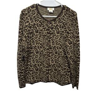 Talbots Cardigan Sweater Women’s Sz L Cashmere Silk Blend Brown Golden Filigree